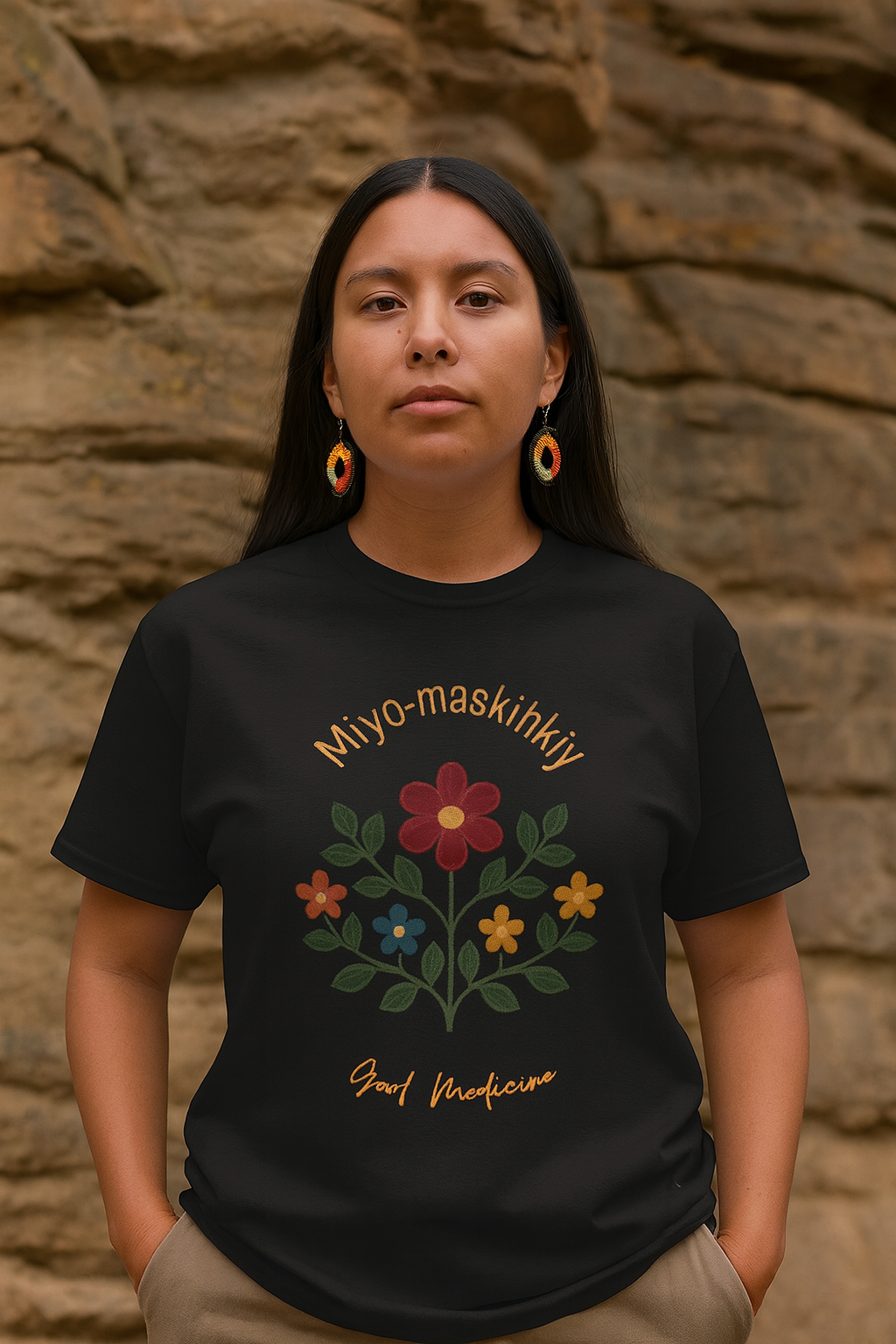 MIYO-MASKIHKÎY | Good Medicine | Cree Floral Design T-Shirt | Indigenous Art Tee | Healing & Balance