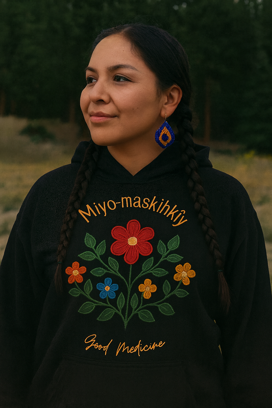 MIYO-MASKIHKÎY | Good Medicine | Cree Floral Design Hoodie | Indigenous Art Hoodie | Healing & Balance