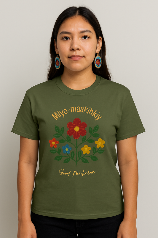 MIYO-MASKIHKIY | Good Medicine T-Shirt – Cree Floral Design for Healing & Strength